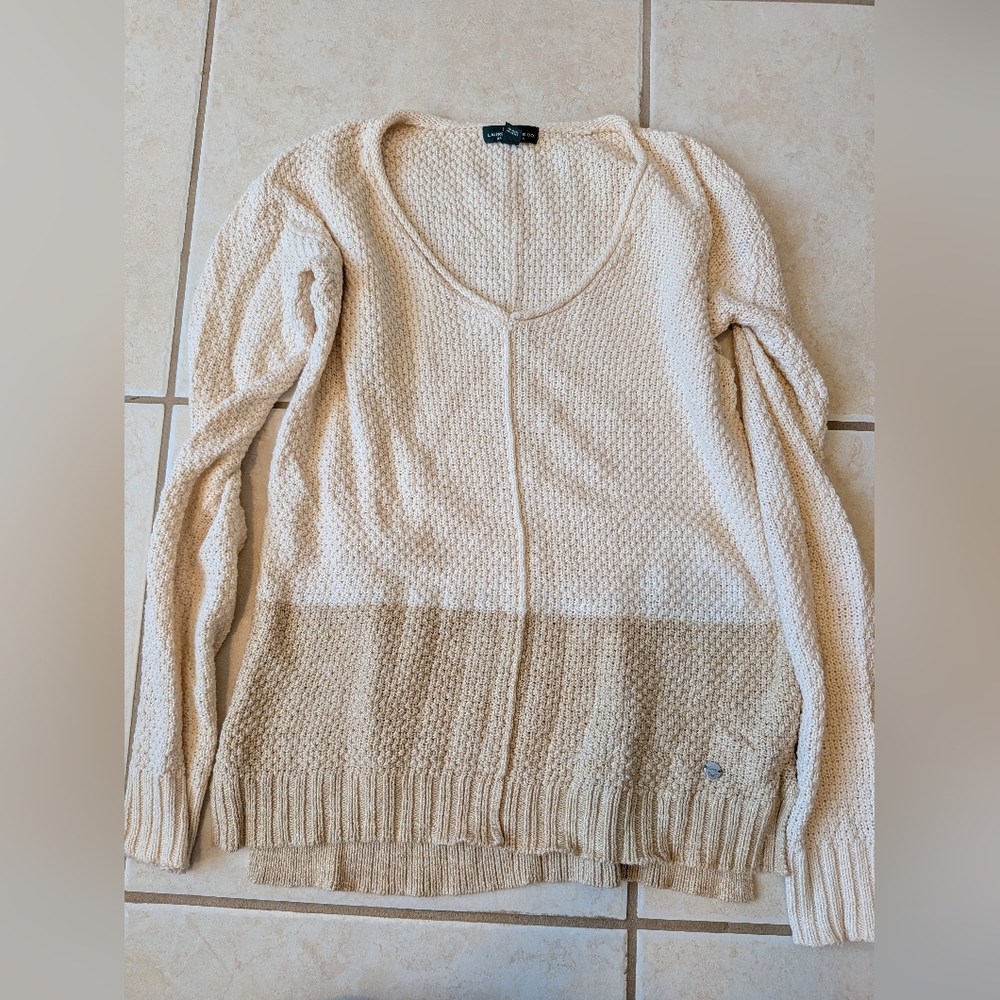 Women's Cream and Tan V Neck Sweater